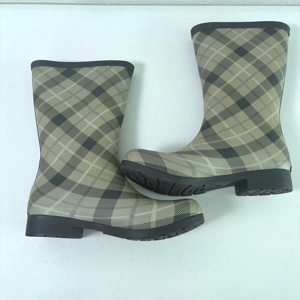 Chooka Rain Boots Womens 7 Olive Black Eastlake Plaid Mid Pebble Rubber Buckle